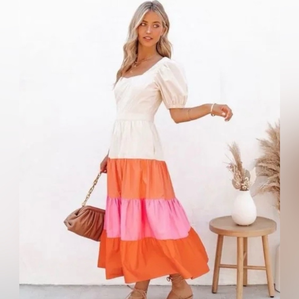 English Factory Color Block Puff Sleeve Tiered Midi Dress - Size Small - NWT